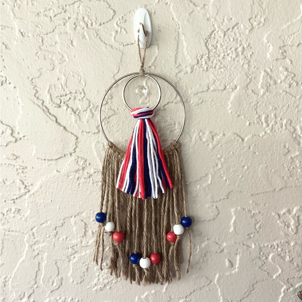 Wall Art Suncatcher Hand Crafted Boho Patriotic Red White Blue Jute Metallic